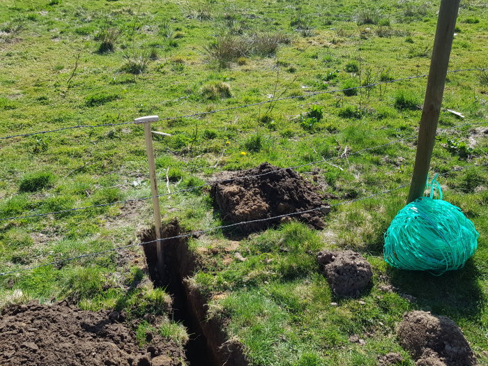 Nygrävd gräv för fiberslang intill en grön slangrulle i en lummig trädgård.