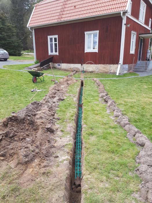 Grävd gräns vid röd stuga med fiber- och vattenslangar förlagda i marken, redo för återfyllning.