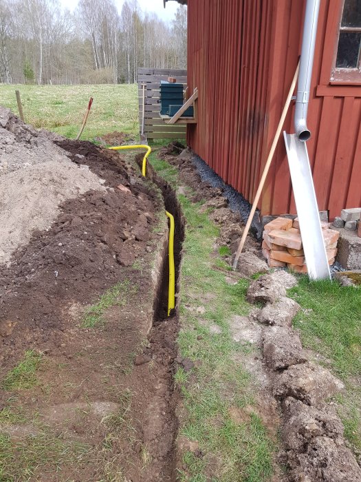 Grävd grävning bredvid rött hus för fiberslang och vattenledning, med spade och slang synlig.