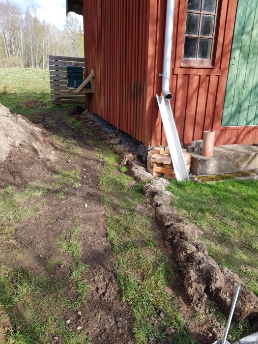 Nygrävd ränna vid husvägg för nedläggning av fiber-, vatten- och elkablar mot växthus.