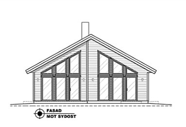 Ritning av husfasad mot sydost med stora fönster och en skorsten.