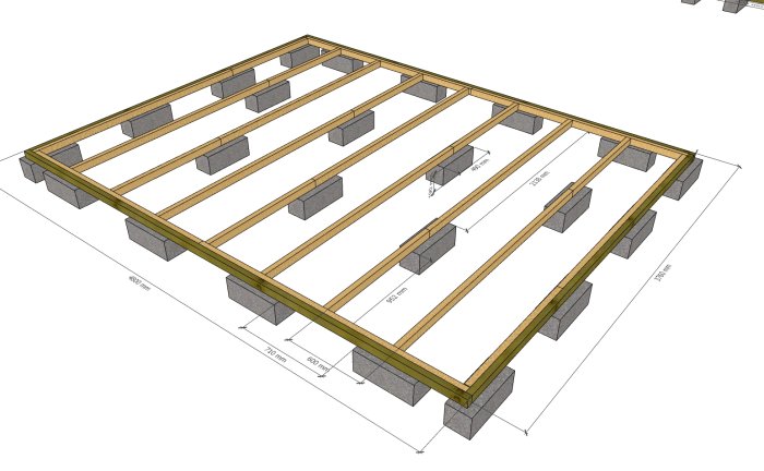 3D-skiss av en grundstruktur med lecablock och träbärlinor för en gäststuga, dimensioner markerade.