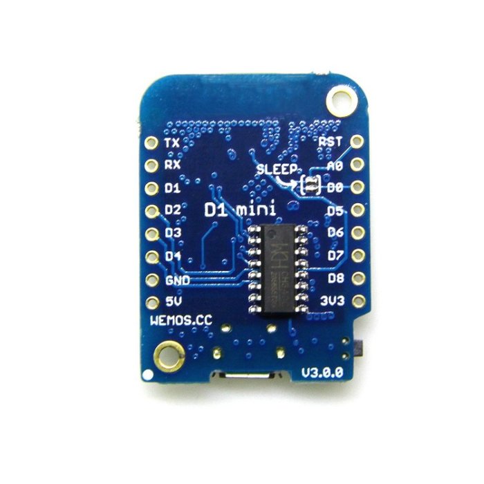 Blått NodeMCU Mini-kort med tydligt markerade lödpinnar för Tx, Rx, 5V, GND och andra kontakter.