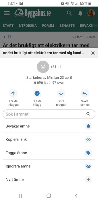 Skärmdump av en forumtråd på Bygghus.se med diskussion om elektriker och kundmaterial.