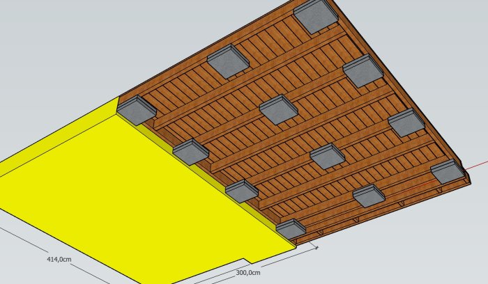 3D-modell av en utbyggd veranda med befintlig del markerad i gult och nya trädelen i brunt.