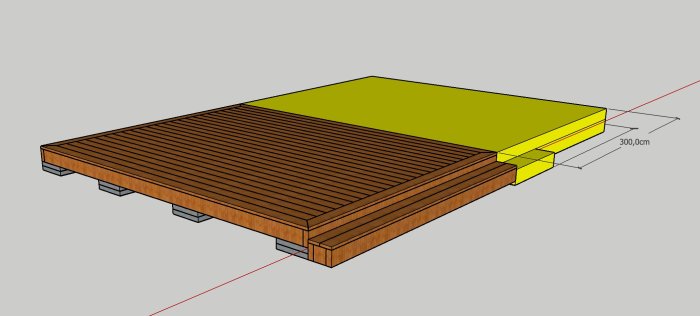 3D-ritning av en befintlig veranda i gult och planerad utbyggnad med trädäck.