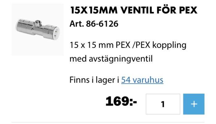 Chrome PEX shut-off valve, 15x15 mm, for plumbing installation.