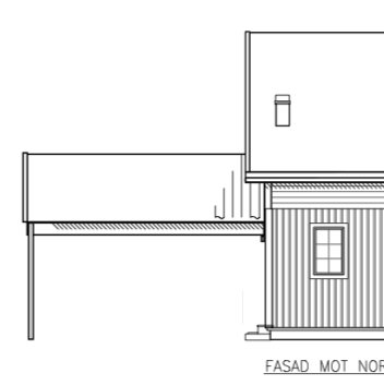 Skiss av en planerad carport vidbyggd till huset med två synliga hörnstolpar och tak.