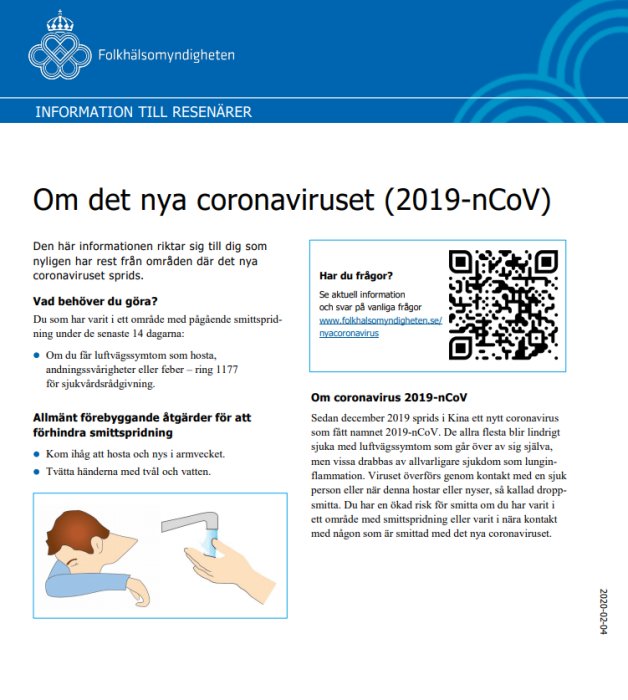 Informationsblad från Folkhälsomyndigheten om det nya coronaviruset med QR-kod och handtvättsinstruktioner.