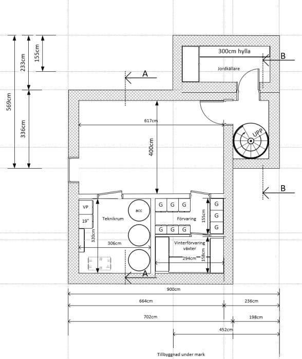 Planritning av en framtida källare på 45 kvm med angivna mått och markerade områden för teknikrum, förvaring och växter.