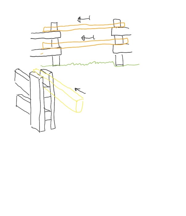 Handritad skiss av ett träfack med plankor som vilar på varandra och spikar som illustration.