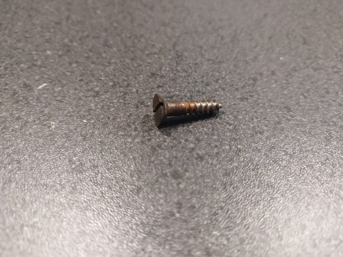 En försänkt spårskruv 20x4 mm ligger på en mörk yta vilket illustrerar det efterfrågade objektet i inlägget.