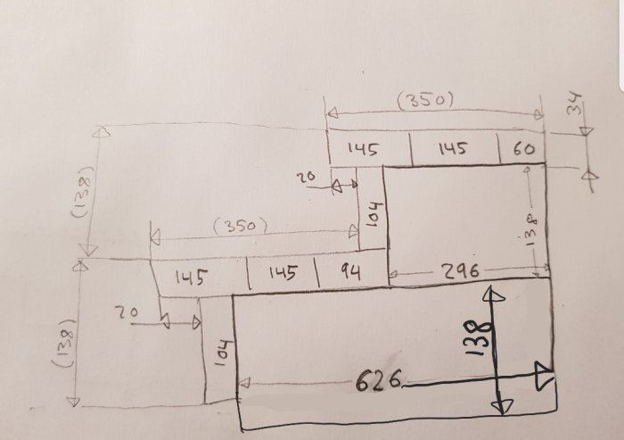 Hand-drawn sketch with measurements for a proposed stepped or pyramid-like structure design.