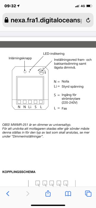 Kopplingsschema för universal dimmer med inställningsvred och anslutningar märkta N, L, S, L.
