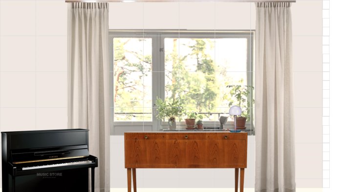 Mood board av ett vardagsrum med gardiner nära taket, fönsterutsikt, piano och sideboard.