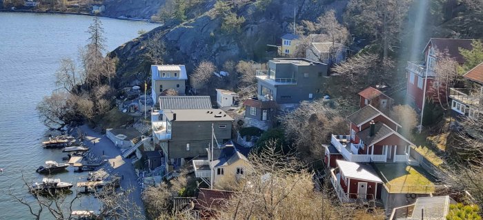 Två grå hus nära vatten, det bakre har två våningar och är där skribenten bor. Omgivet av andra byggnader och natur.