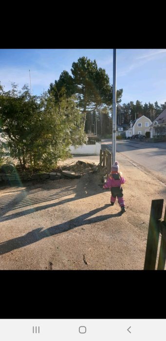 Nerfälld tujahäck vid tomtgräns och barn i rosa kläder på grusväg.