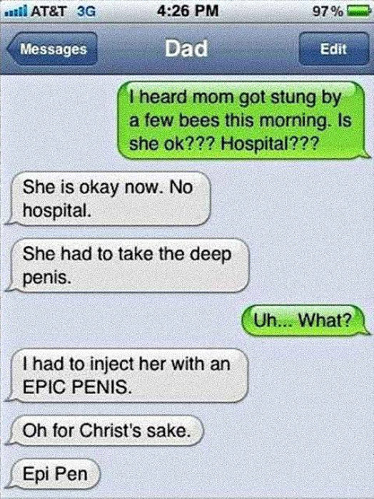 Skärmdump av en textkonversation med autokorrigeringar som förvandlar 'Epi Pen' till oavsiktliga ord.
