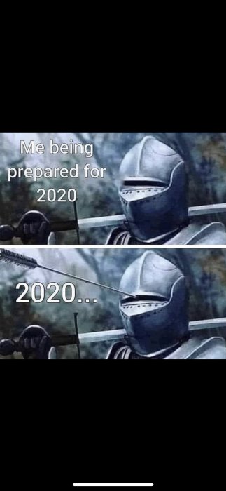 Riddare i rustning med svärd redo för 2020, besviken av ankommande pil i nästa bild. Humoristisk meme.