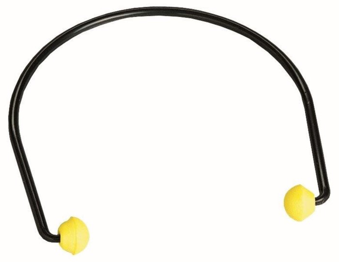 Hörselproppar med båge att hänga runt halsen, gula toppar och svart halsband.