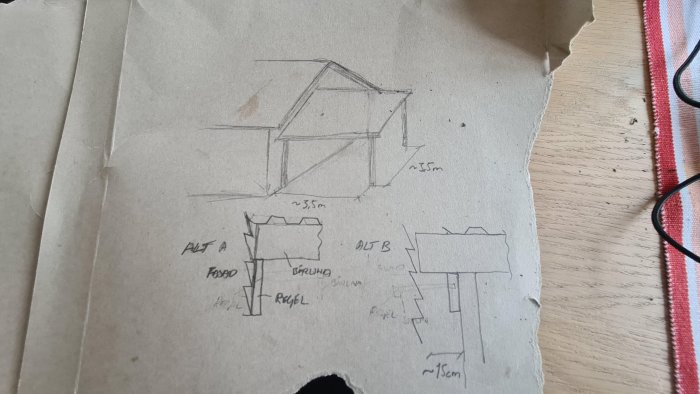 Handritad skiss av skärmtak i anslutning till hus med dimensioner och alternativa anslutningsdetaljer.