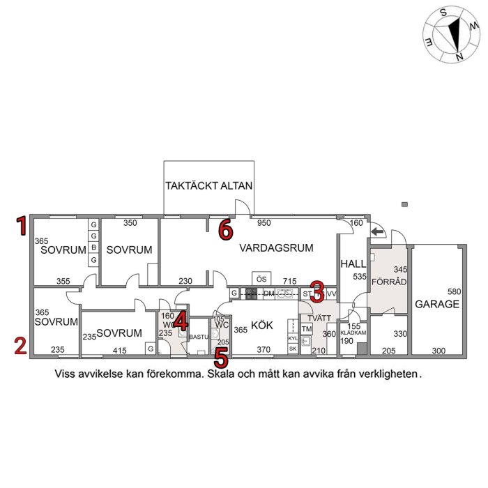 Ritning av ett hus med markerade punkter för ventilationssystem inklusive tilluft, paxfläkt och värmepump.