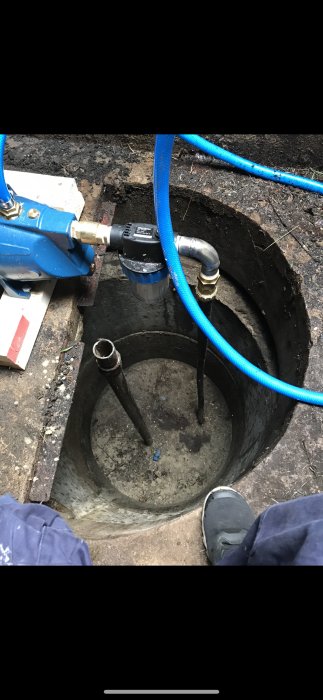 Vy från ovan av ett brunnsschakt under mark med synliga rör, slangen och en pump, reflekterande en fråga om grundvattennivåer.