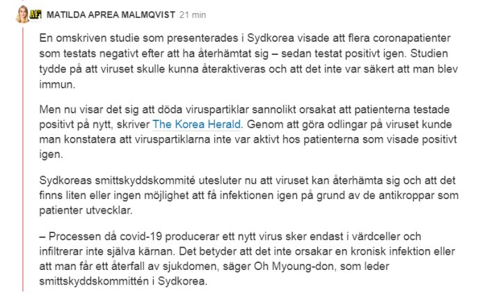 Skärmdump av en artikel från Aftonbladet som diskuterar en studie från Sydkorea om återinfektion av coronaviruset.