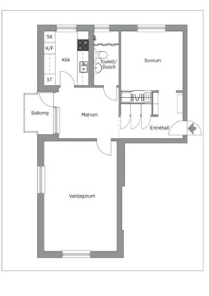 Ritning i Sketchup av lägenhetens planlösning med sovrum, kök, badrum och vardagsrum.