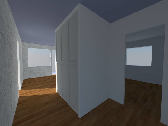 Sketchup-modell av ett sovrum med trägolv, vita väggar, och öppen dörr.