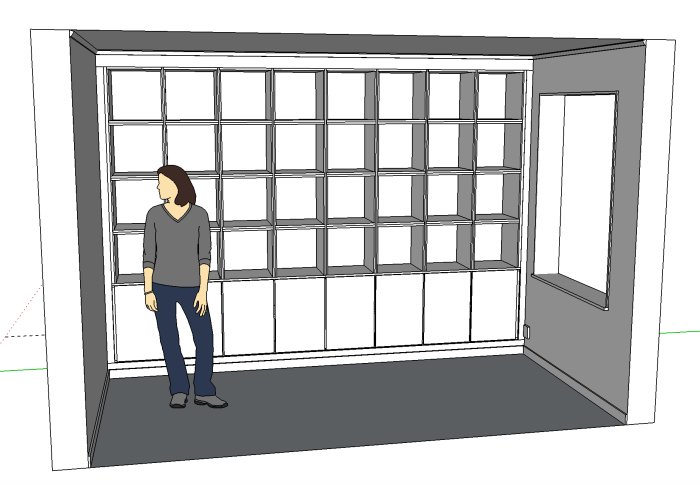 3D-rendering av en person som står framför en stor, tom bokhylla i ett vardagsrum.