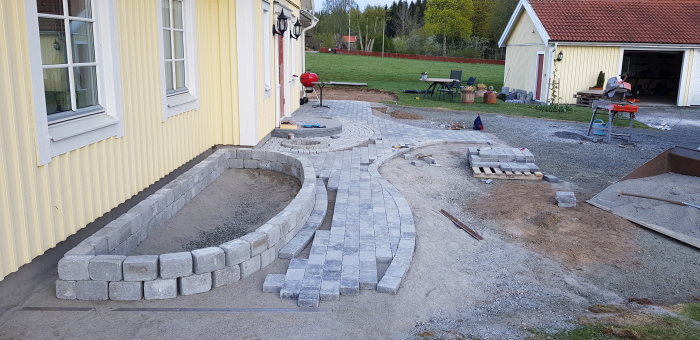 Pågående bygge av en veranda med markerade kanter med gråa stenar på en gård framför ett gult hus.