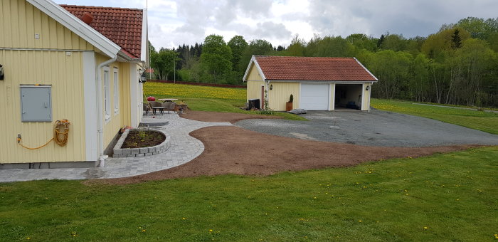 Gula trähusets framsida med en nybyggd amerikansk veranda och en välansad gångväg omgiven av en grön gräsmatta.