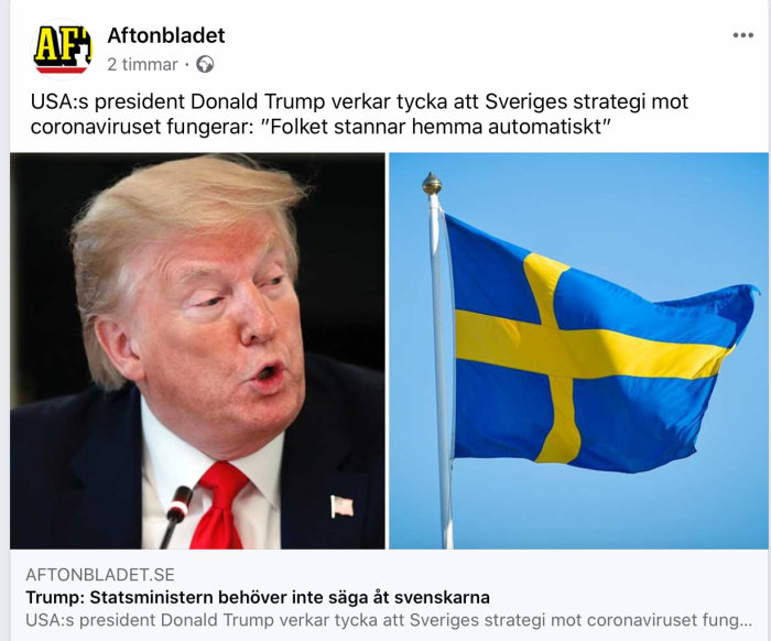 USA:s president som talar med svepande gest bredvid en bild av den svenska flaggan i vinden.