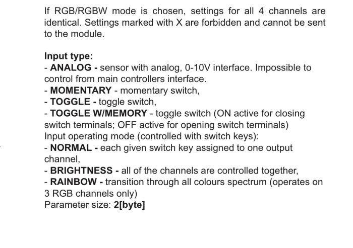 Dokument som beskriver olika ingångstyper för en RGB/RGBW-modul, inklusive analog och momentär switch.