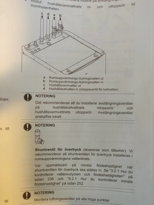 Illustration av en värmepump eller värmesystem med tydligt markerade anslutningspunkter och shuntventil för övertryck.