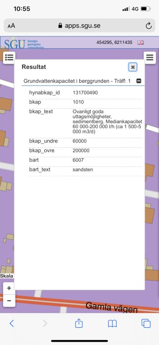 Skärmdump av SGUs webbplats visar grundvattenkapacitet med text och kartdetaljer.