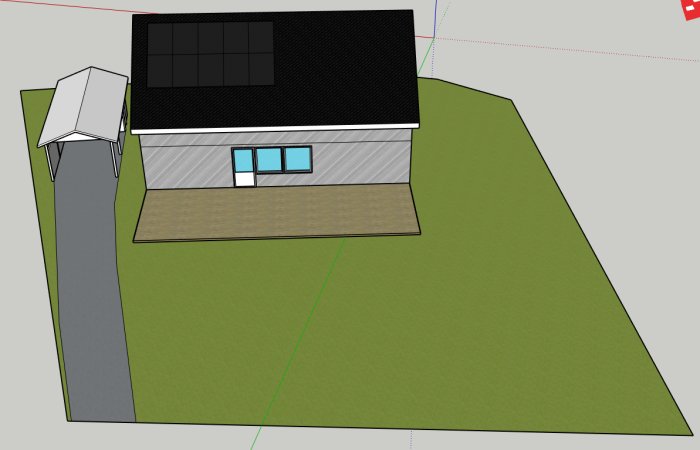 Skalenlig ritning av en tomt med nybyggt hus och föreslagen plats för carport nära tomtens vänstra gräns.