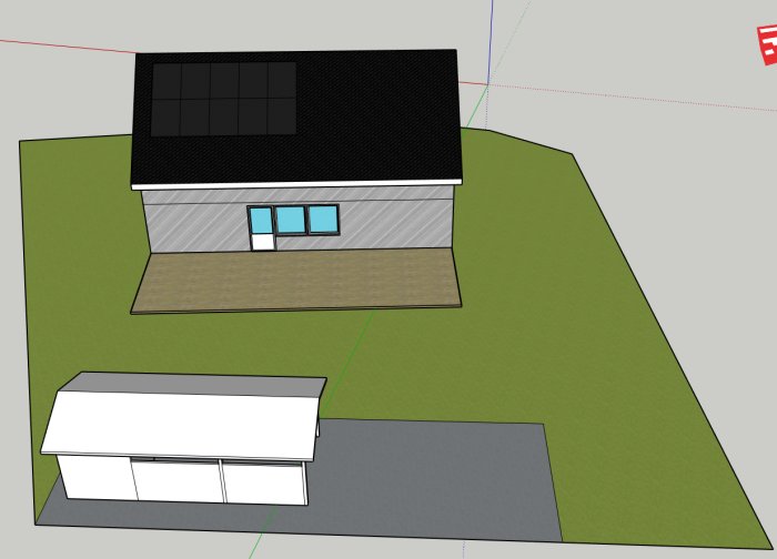 Skalenlig ritning av ett hus och föreslagen placering av en carport på tomten, nära väg och grannens tomtgräns.