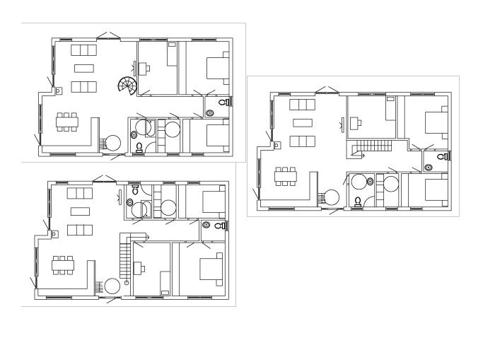 Planritning över två våningar i ett hus, visar möblering, trappor och rumsindelning.