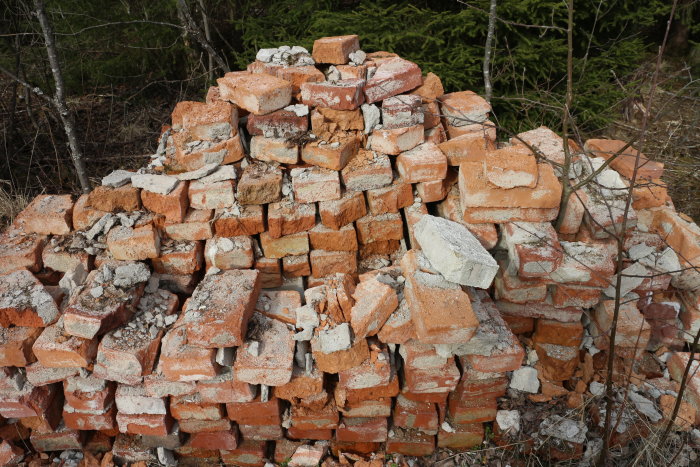 Gamla tegelstenar hopade i en hög med synliga murbruksrester, omgivna av skog.