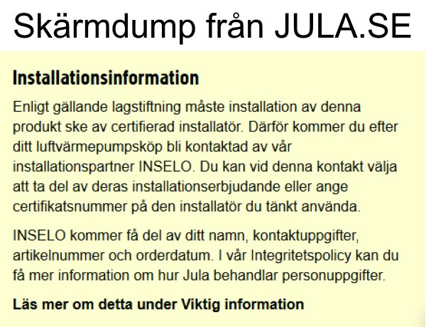 Skärmdump från JULAs hemsida med installationsinformation för luft/luft värmepumpar.