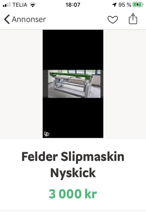 Annonsskärmdump för en Felder slipmaskin i nyskick till salu för 3 000 kr.