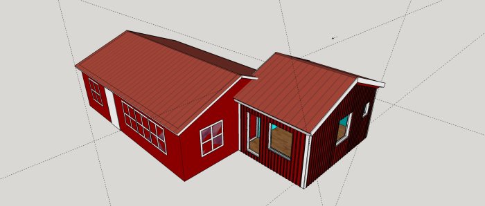 3D-modell av utbyggnadsvision för stuga med röda väggar och två fönster som ska ersättas med dörr.