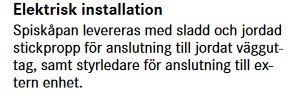 Utdrag ur en manual som beskriver elektrisk installation för en spiskåpa med sladd och stickpropp.