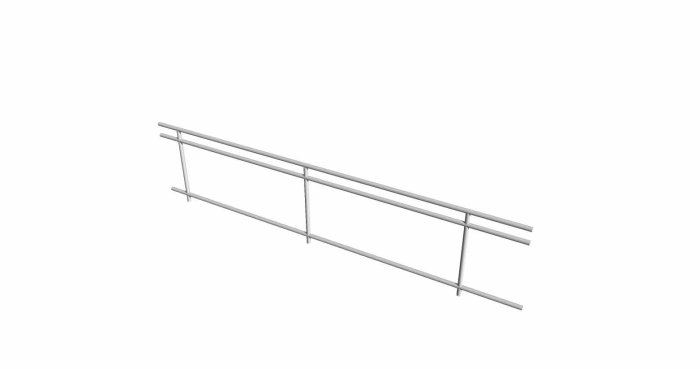 3D-rendering av ett minimalistiskt räcke i ljus metall med tre horisontella delar.