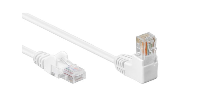 Vit Cat5e UTP-nätverkskabel med vinkelkat RJ45-kontakter.