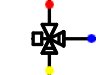 Schematisk bild av en ventil med röd, gul och blå markering som beskriver möjliga positioner.