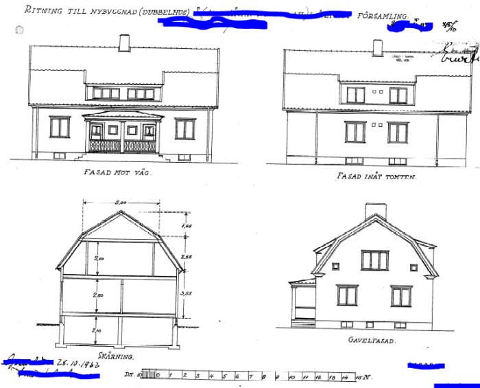 Arkitektritningar av en villa före och efter renovering med markerade förändringar för en stålbalk.