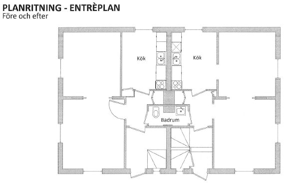 Planritning som visar förändringar på entréplan i en villa före och efter borttagning av en brandvägg, med balkar markerade.